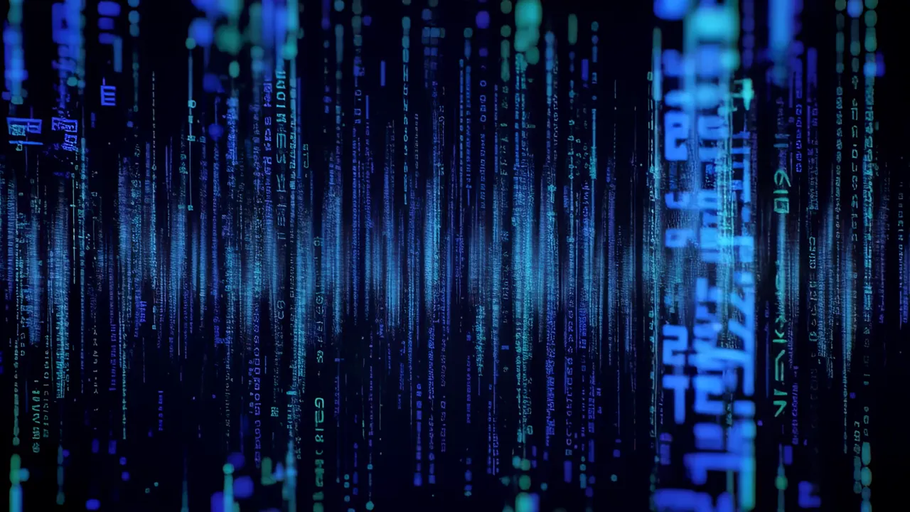 Cascading Streams of Luminous Blue Data in Dark Background