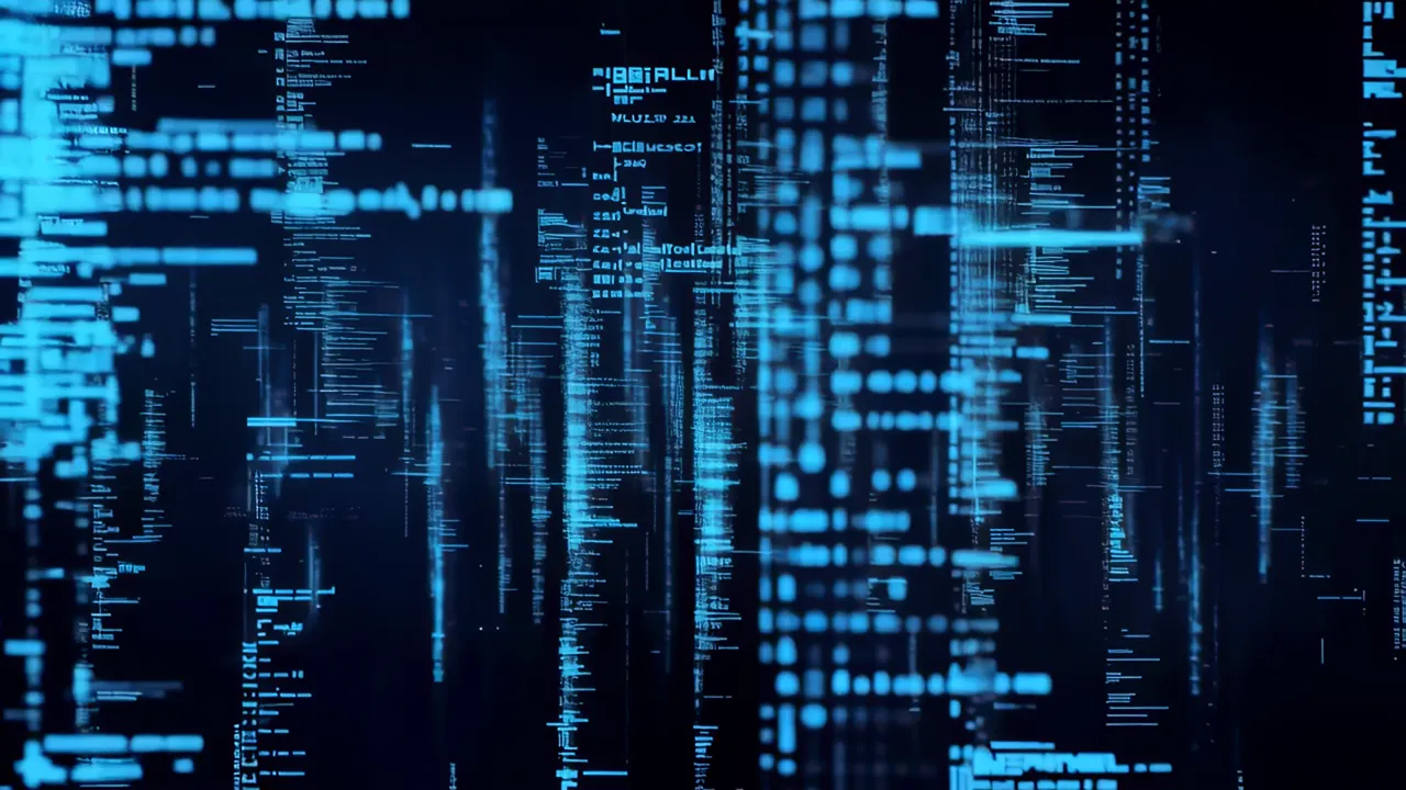 Cascading Streams of Luminous Blue Data in Dark Background