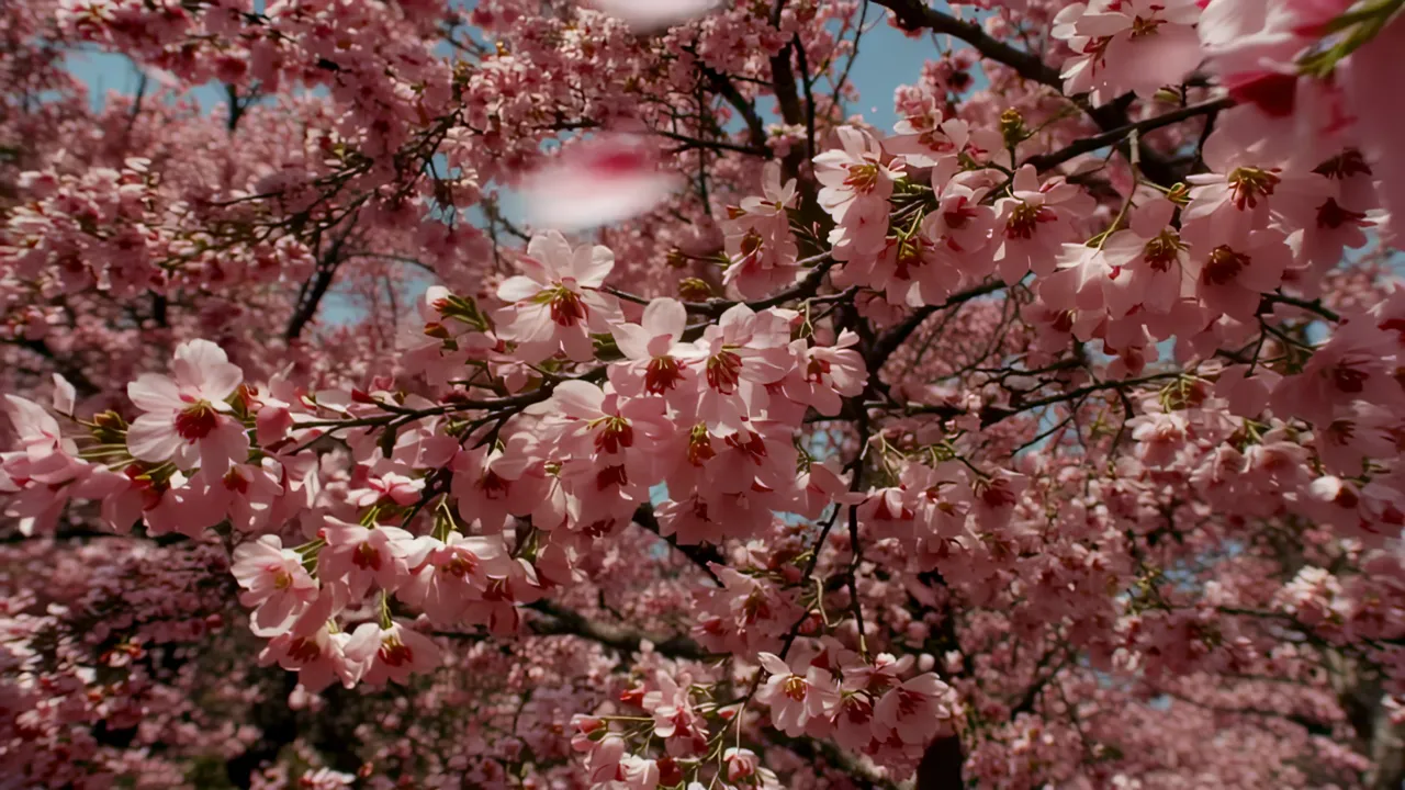 Cherry Blossom Canopy View from Below with Pink Blooms