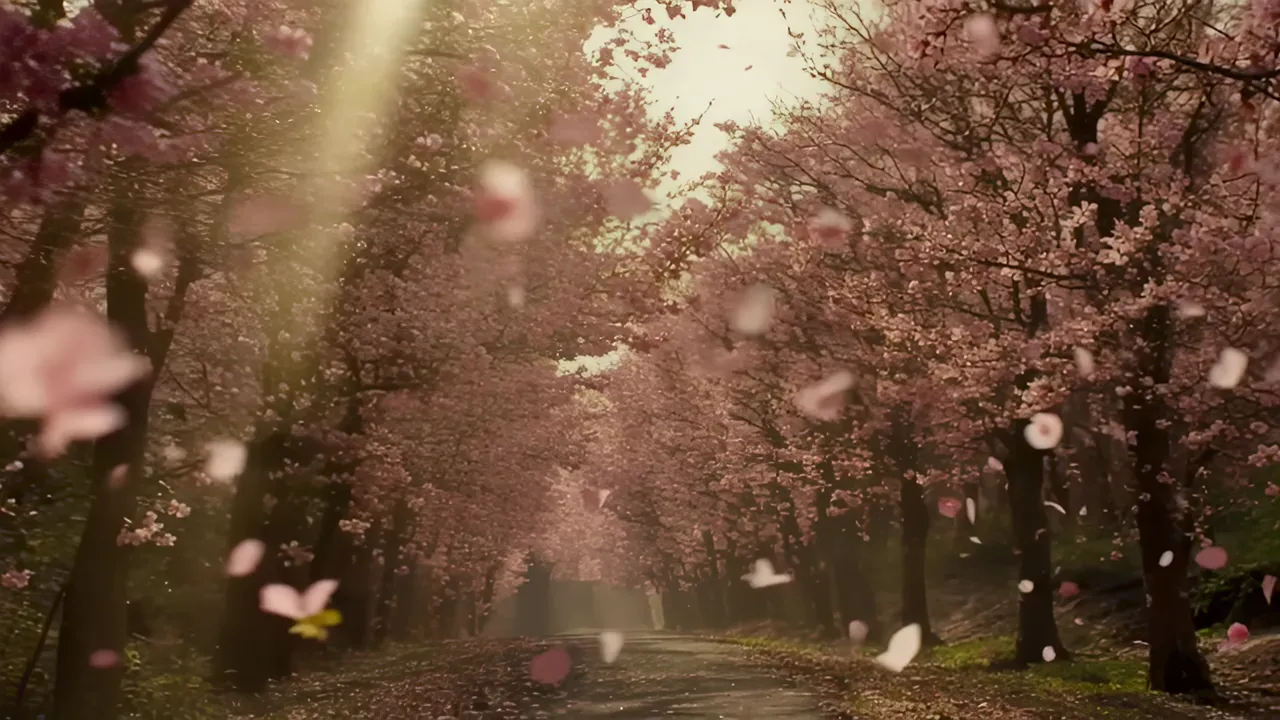 Cherry Blossom Tree Lined Path with Petals Drifting