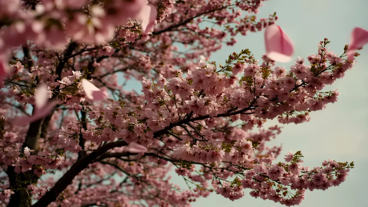Cherry Blossom Tree with Soft Pink Petals Falling