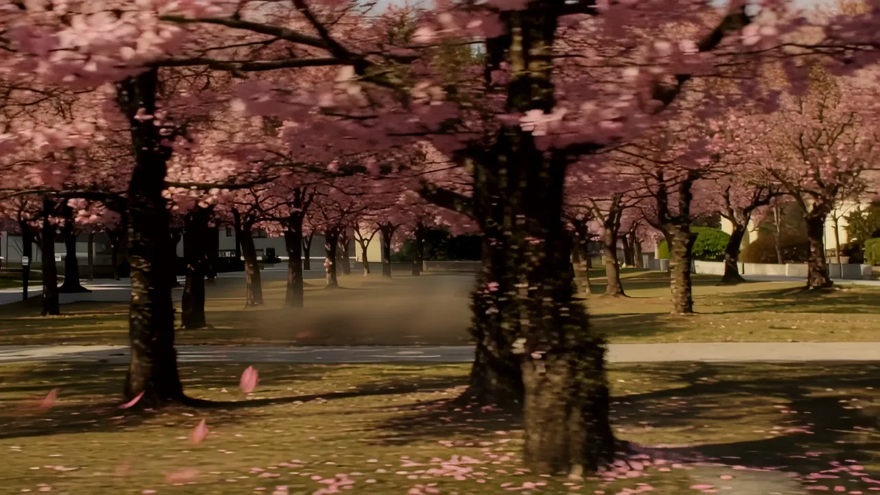 Cherry Blossom Trees in an Urban Park with Falling Petals