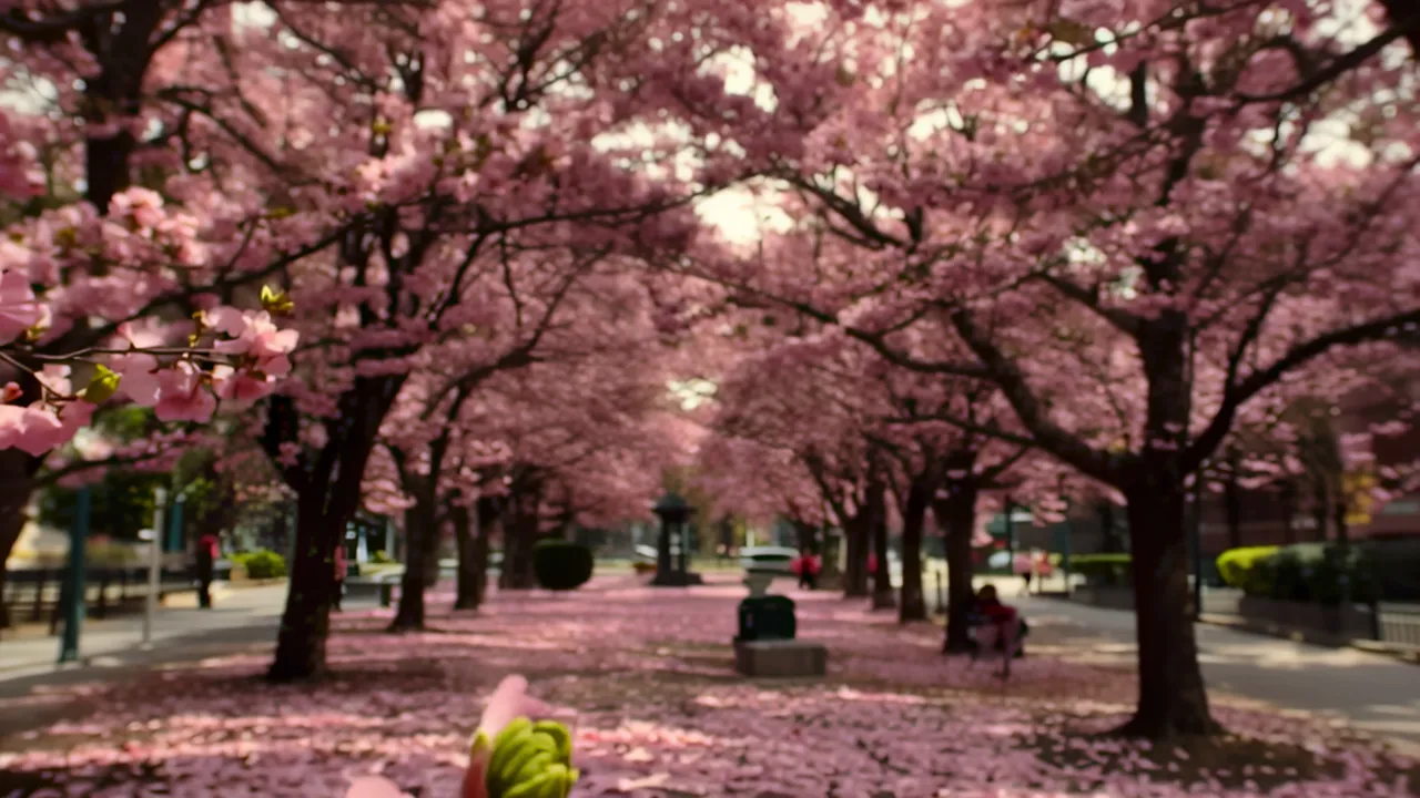Cherry Blossom Trees in Full Bloom in Urban Park