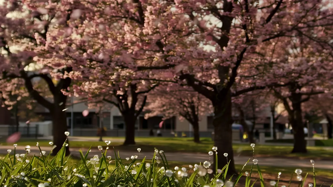 Cherry Blossom Trees in Urban Park with Falling Petals