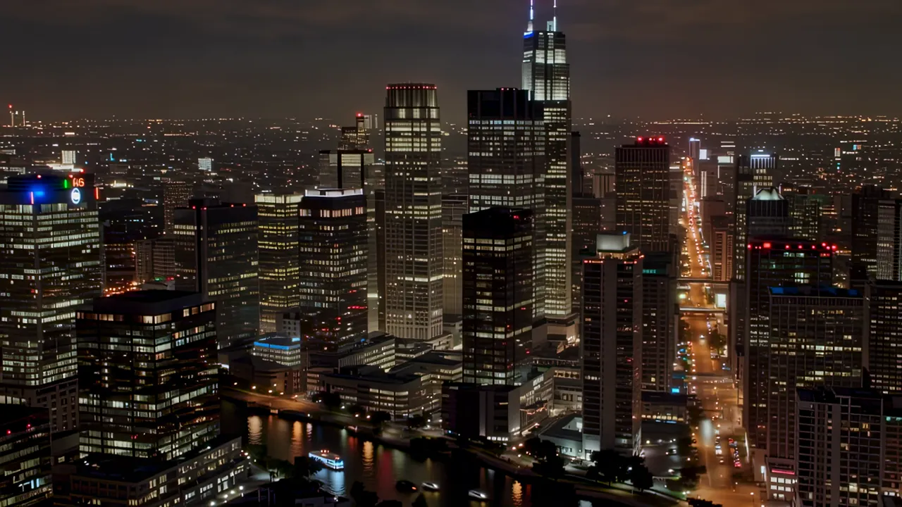 Chicago Loop District with Iconic Skyscrapers at Night