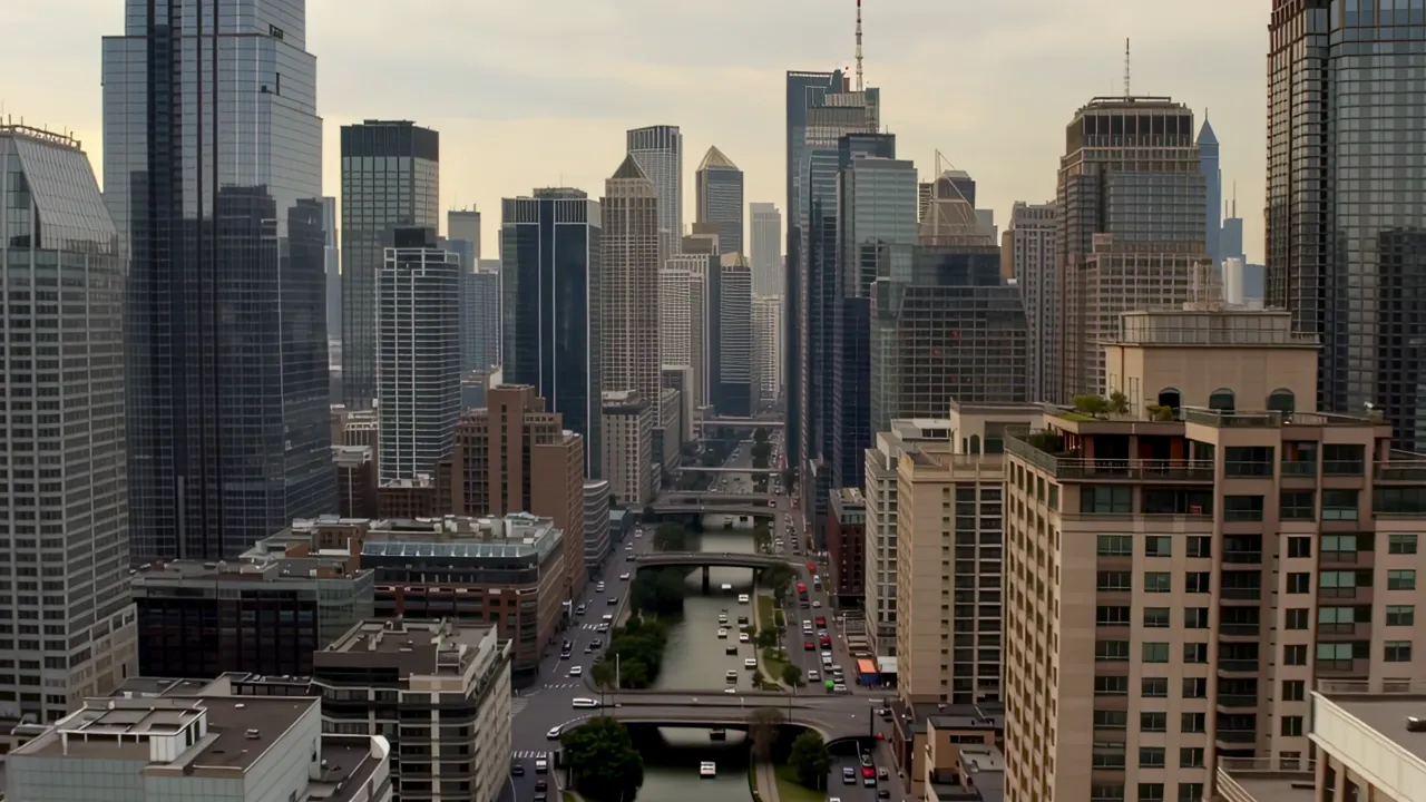 Chicago Loop District with Iconic Skyscrapers Surrounding River