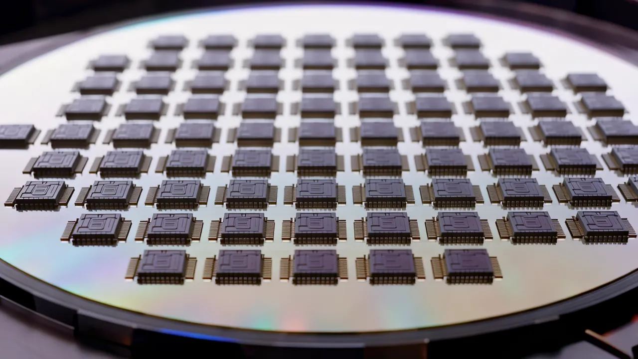 Chip Dies Arranged in Grid Pattern on Silicon Wafer
