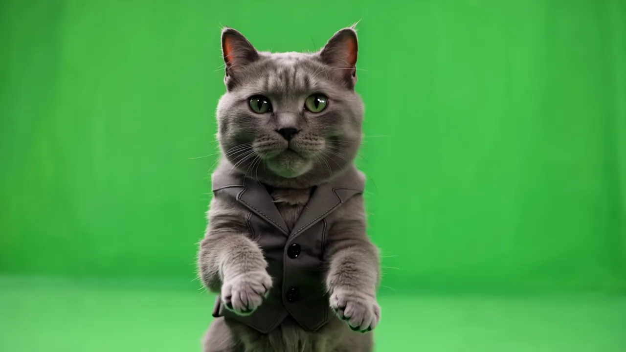 Chubby Grey Cat Balancing on Hind Legs in Green Screen