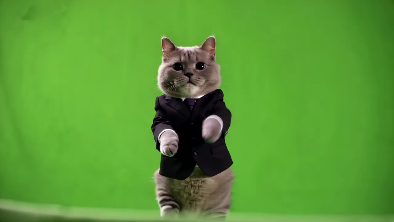 Chubby Grey Cat Balancing on Hind Legs in Suit