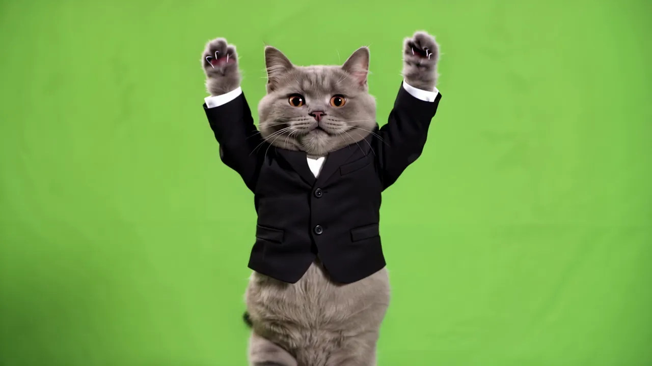 Chubby Grey Cat Balancing on Hind Legs in Tuxedo