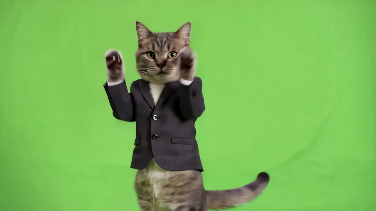 Chubby Grey Cat Balancing with Paws Raised in Suit