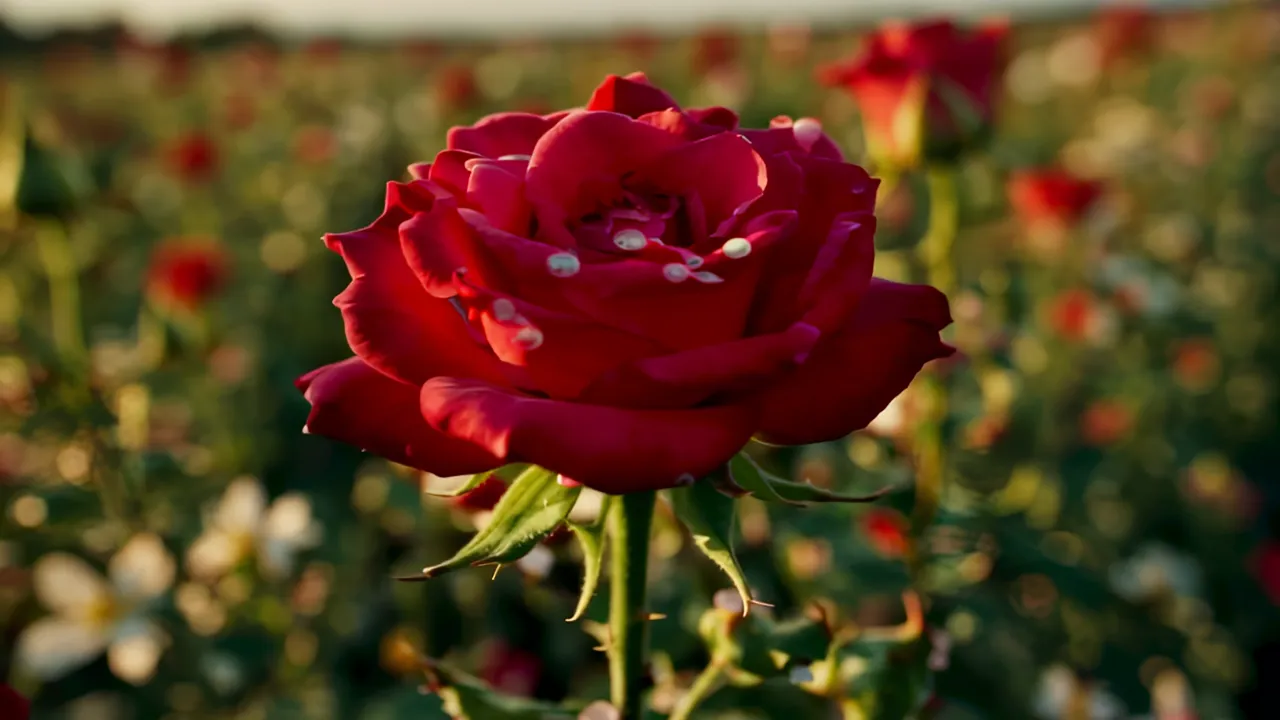 Close-Up of a Blooming Rose with Dew Drops