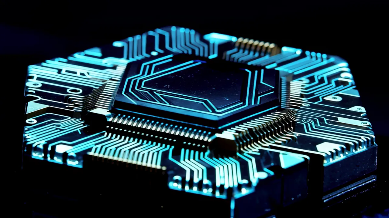 Close-Up of a Futuristic Circuit Board with Blue Lights