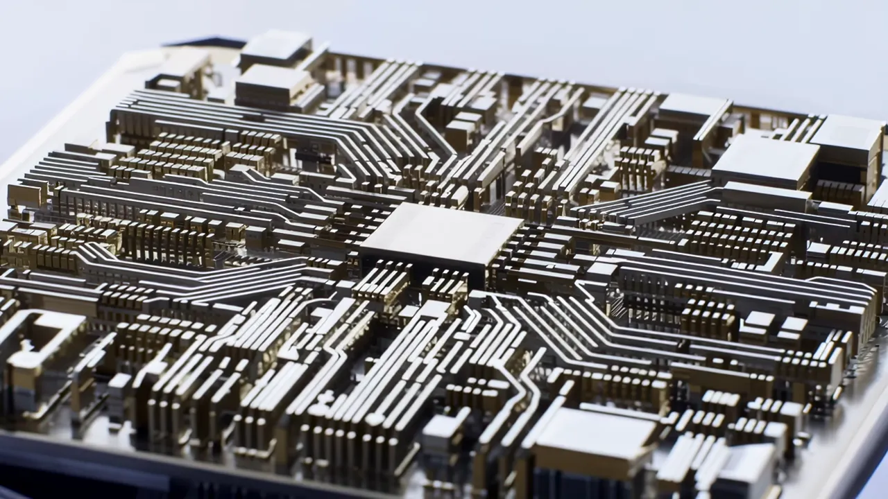 Close-Up of a Microprocessor Chip Surface with Metal Layers