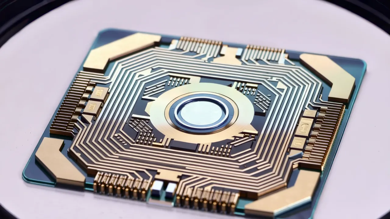 Close-Up of a Microprocessor Chip with Intricate Metal Layers