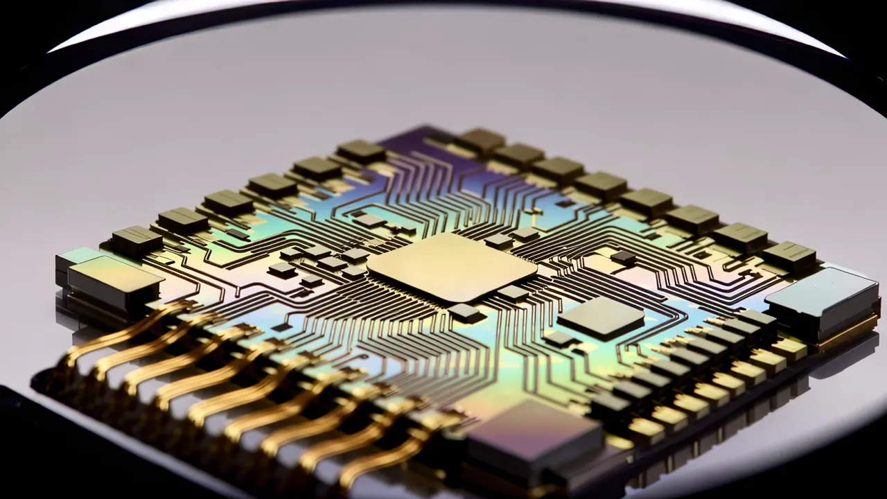 Close-up of a Microprocessor Chip with Intricate Routing
