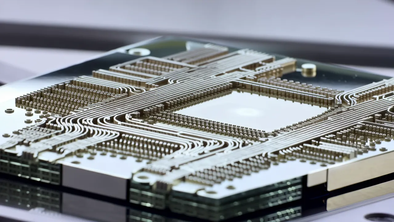 Close-Up of a Microprocessor Chip with Metal Routing