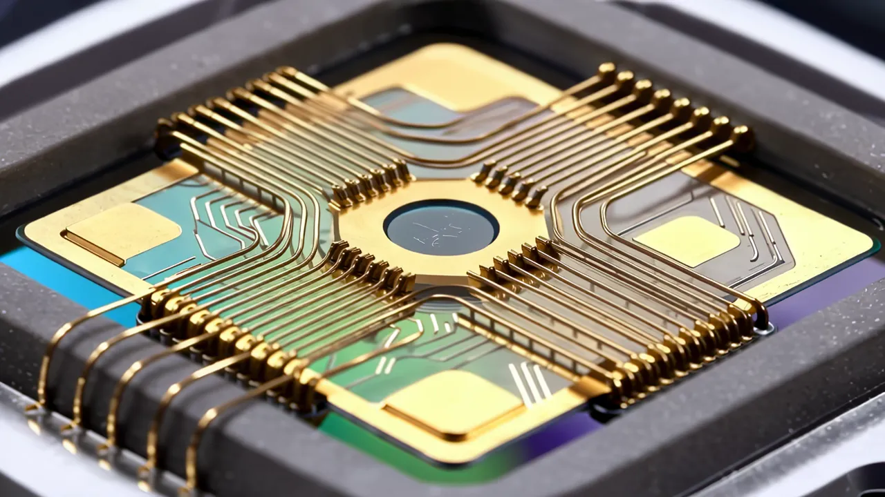 Close-up of a Microprocessor Chip with Metal Routing Layers