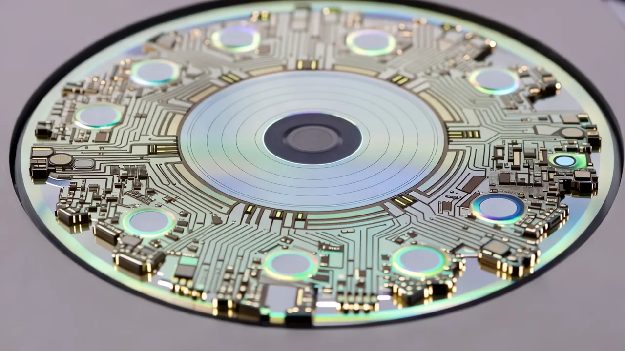Close-Up of a Silicon Wafer with Circuit Patterns