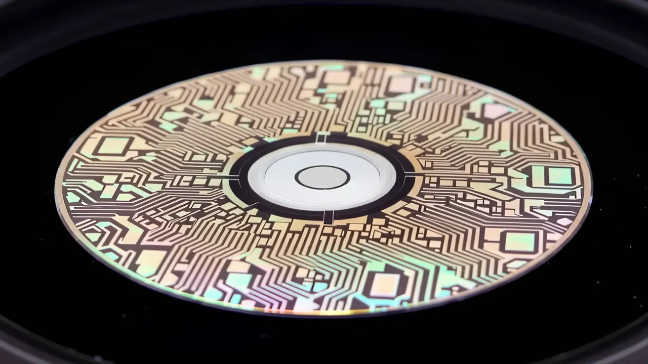 Close-up of a Silicon Wafer with Circuit Patterns