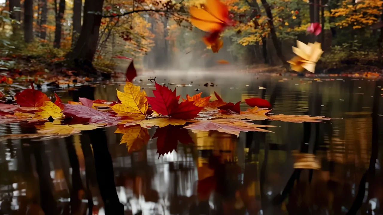 Close-up of Autumn Leaves Floating on Dark Water