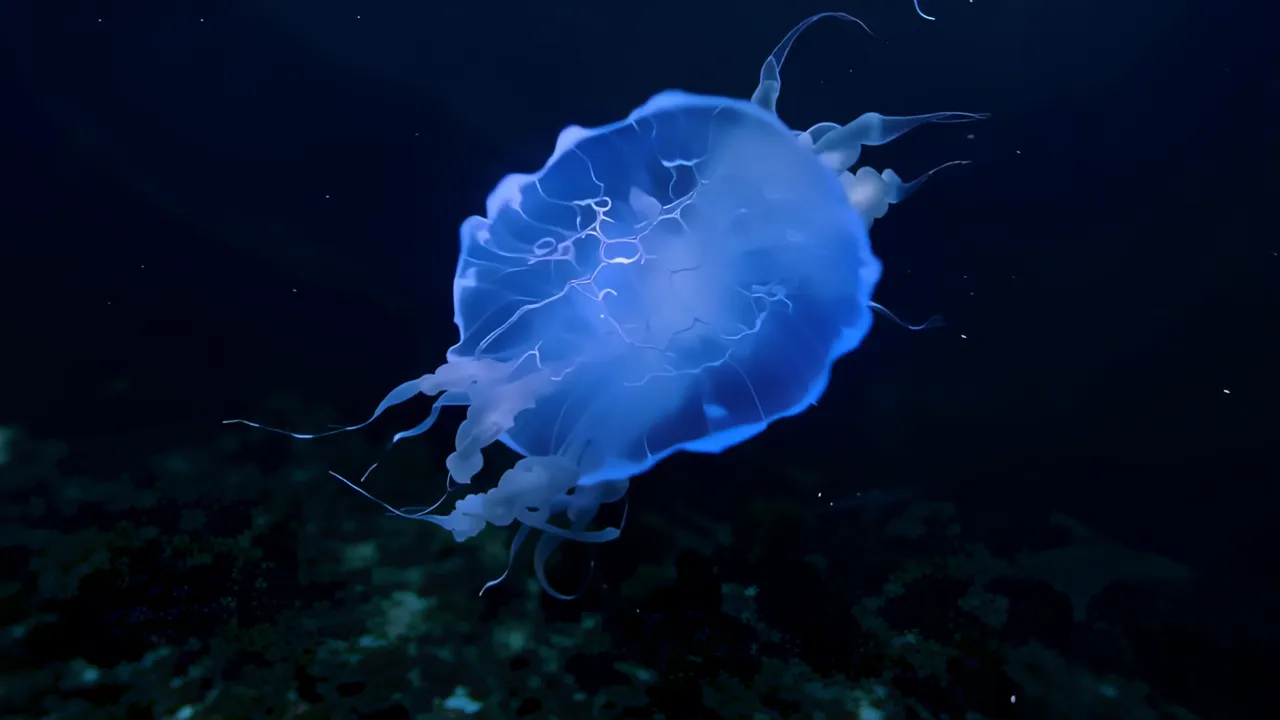 Close-up of Bioluminescent Blue Jellyfish in Dark Water