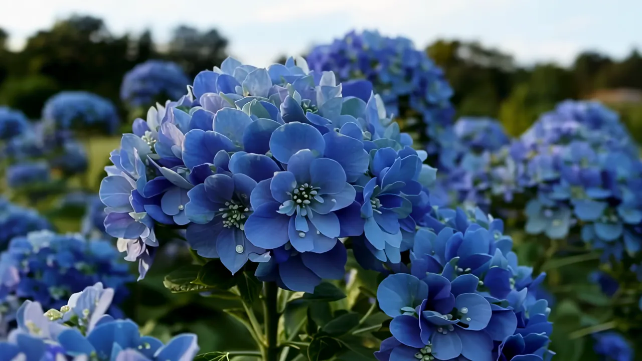 Close-Up of Blue Hydrangea Cluster in Morning Light