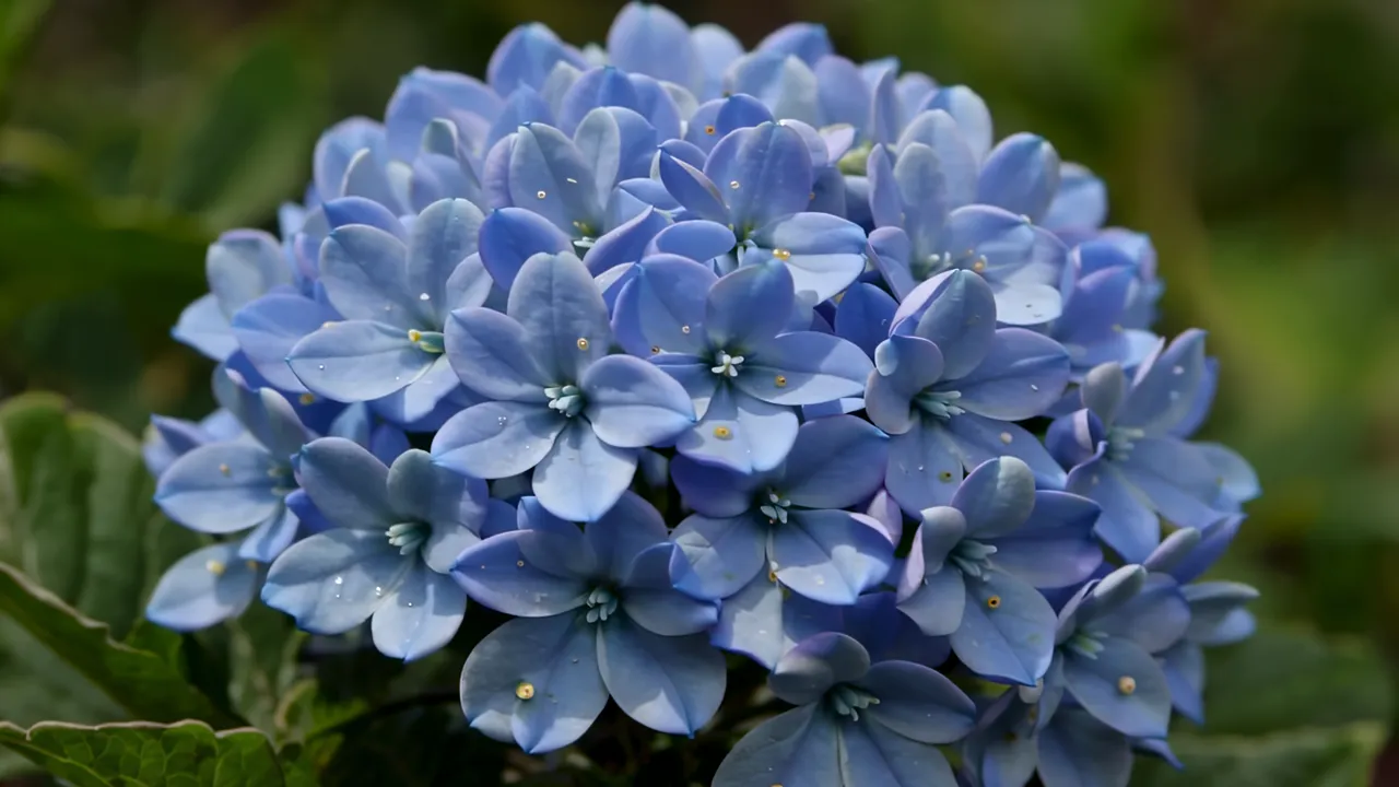 Close-Up of Blue Hydrangea Cluster in Morning Light