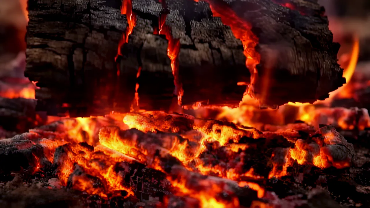 Close-Up of Charred Wood with Glowing Cracks