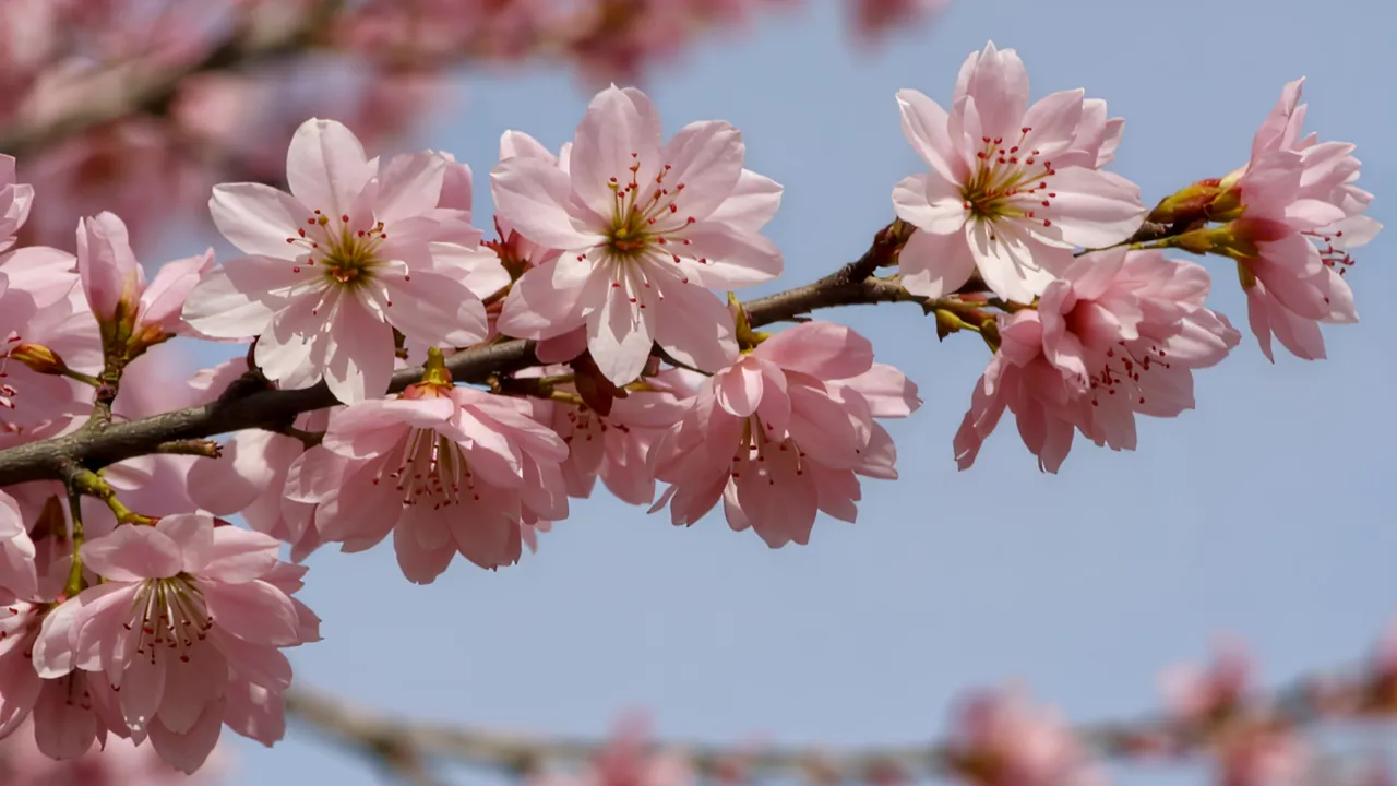 Close-Up of Cherry Blossom Branch Against Soft Sky