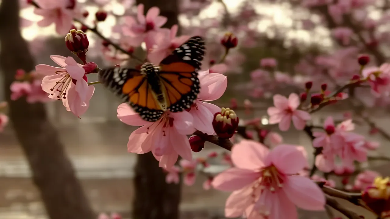 Close-Up of Cherry Blossom Branch with Butterfly