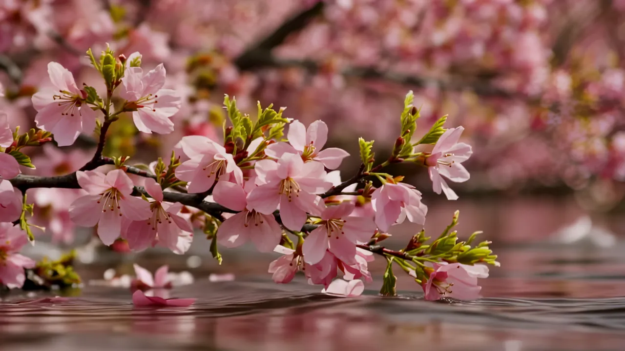 Close-up of Cherry Blossom Branch with Delicate Pink Flowers