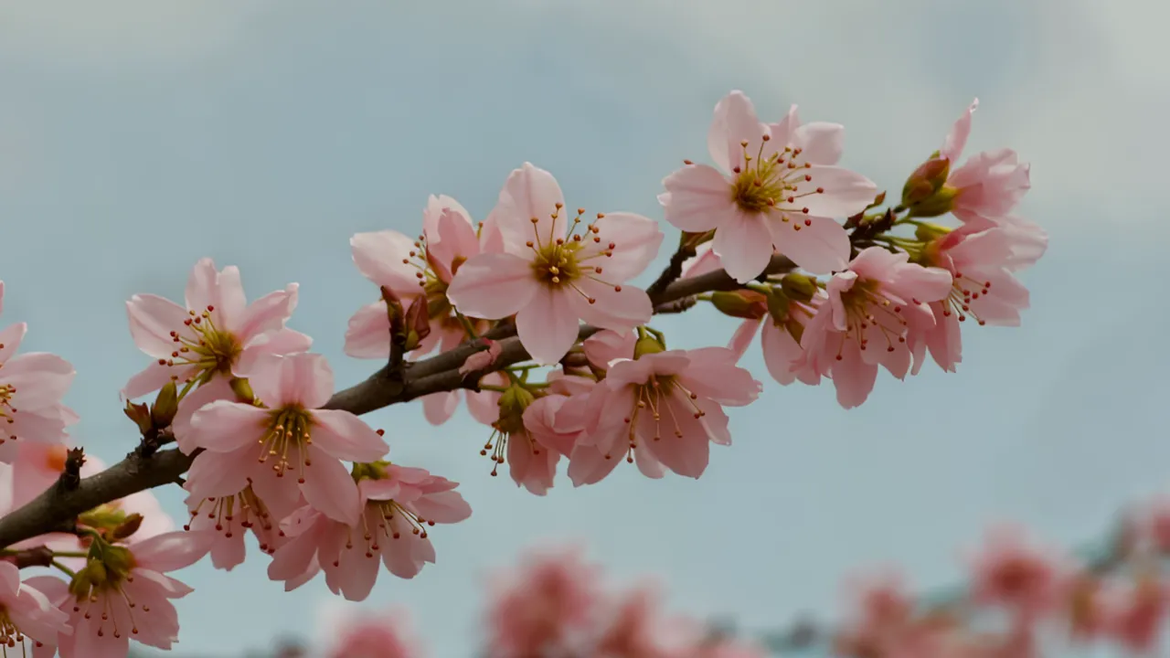 Close-Up of Cherry Blossom Branch with Pink Blooms