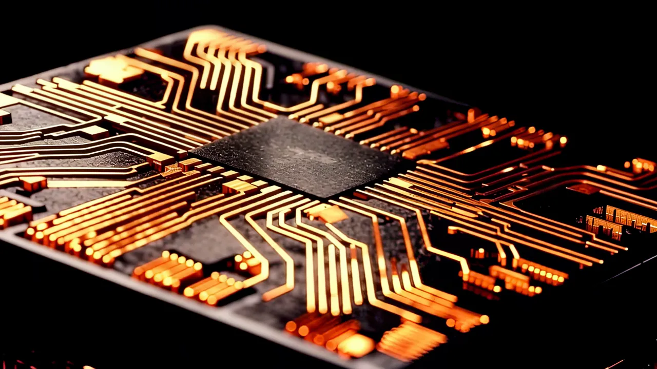Close-up of Glowing Copper Chip Interconnects in Darkness