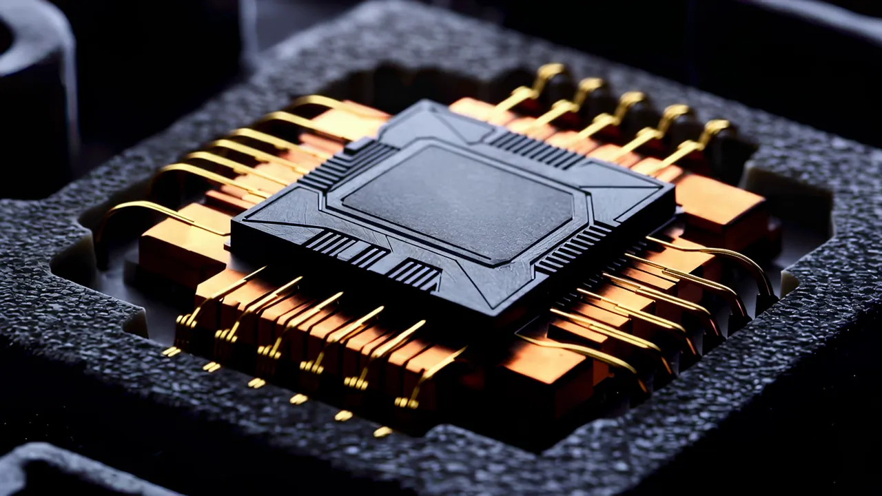 Close-Up of Glowing Copper Interconnect Layers on Chip