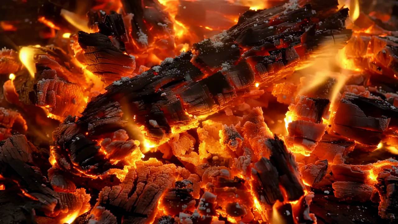 Close-up of Glowing Red and Orange Embers on Charred Wood