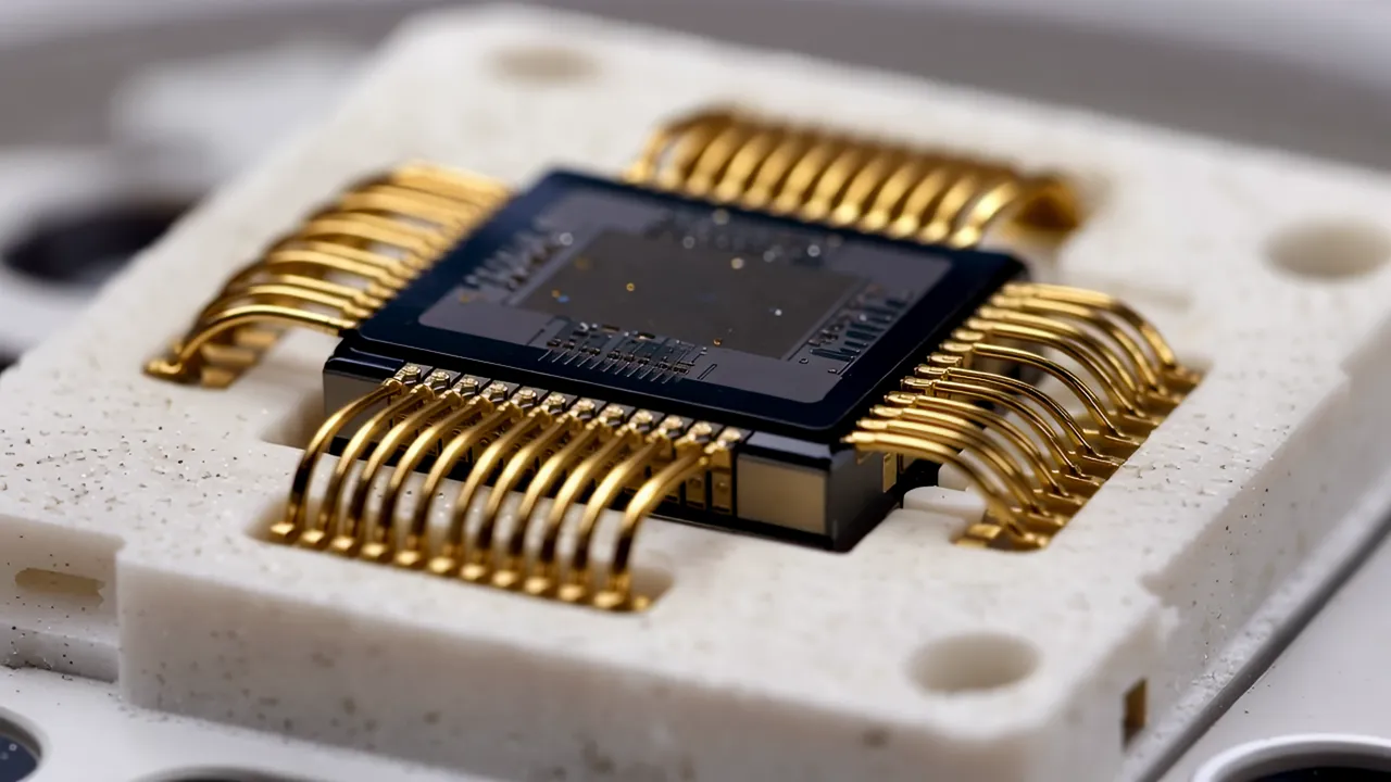 Close-Up of Gold Wire Bonding on Microchip Package