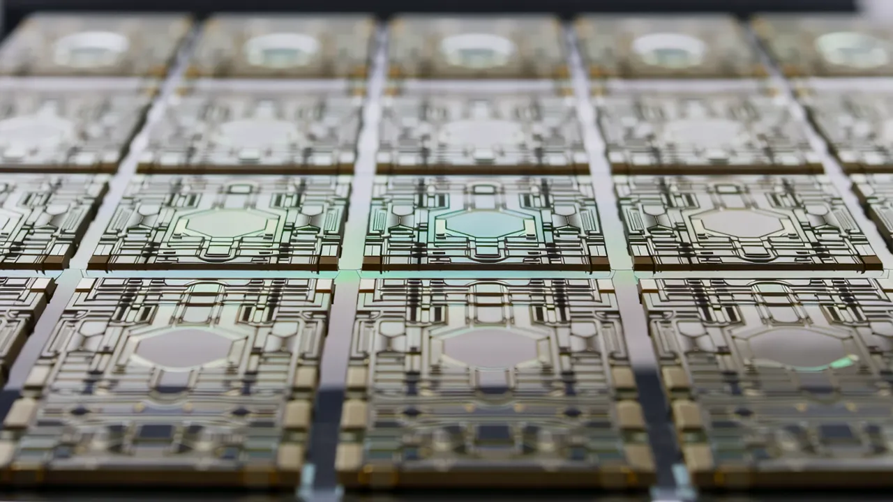 Close-Up of Identical Chip Dies on Silicon Wafer