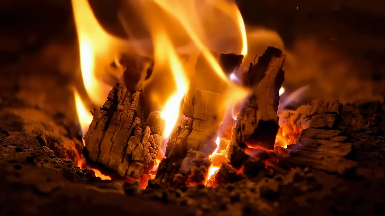 Close-up of Intense Flames and Logs Burning