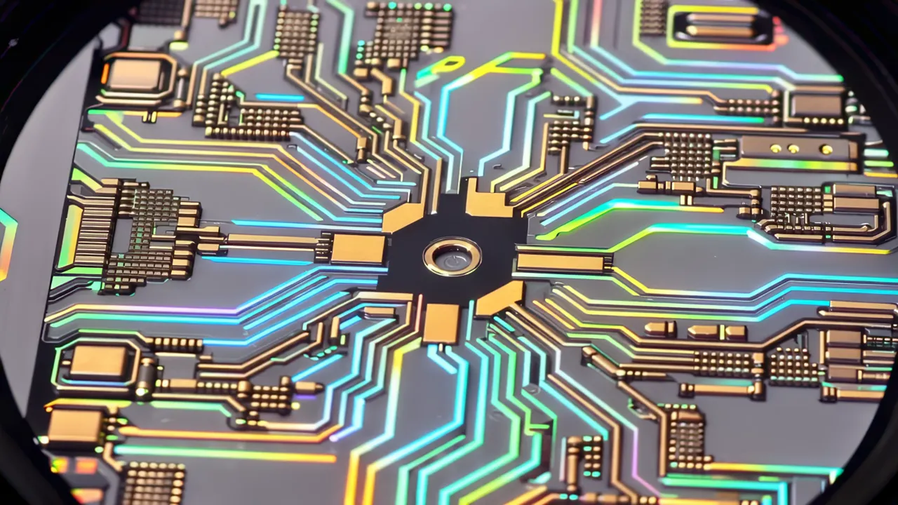 Close-Up of Iridescent Silicon Wafer Surface