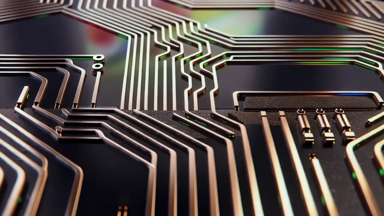 Close-Up of Iridescent Silicon Wafer Surface Patterns