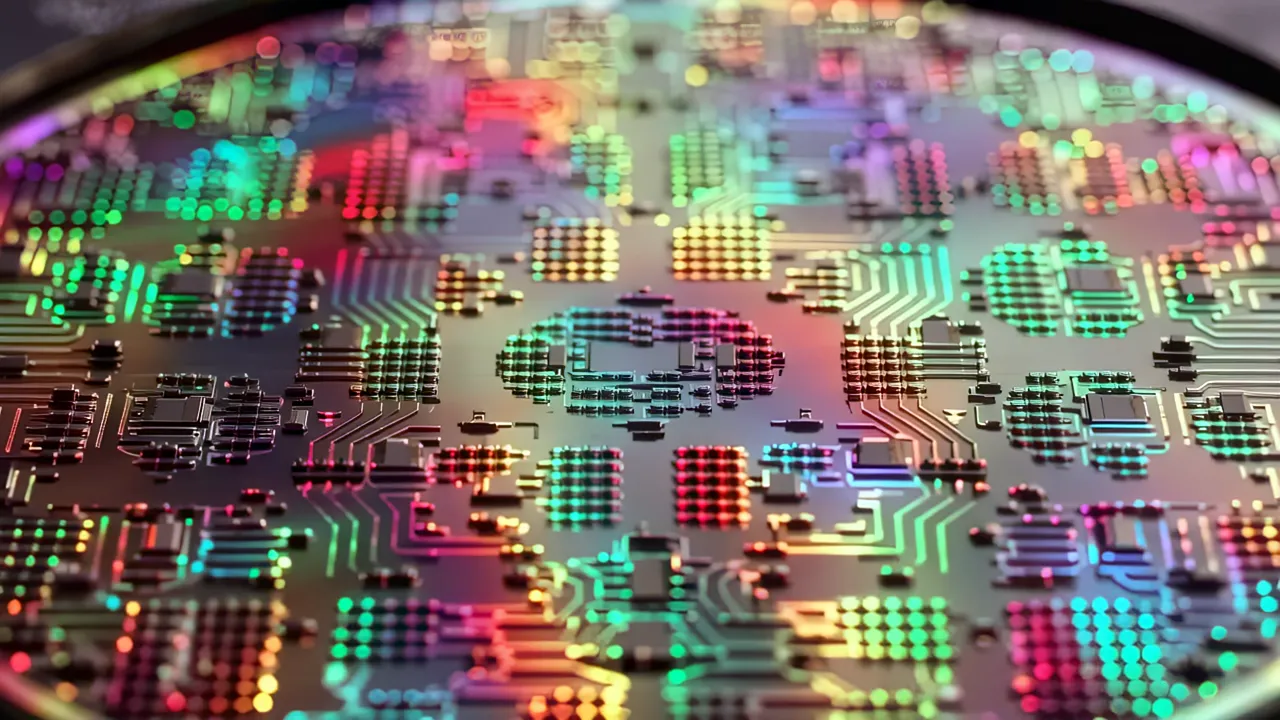 Close-Up of Iridescent Silicon Wafer Surface Patterns