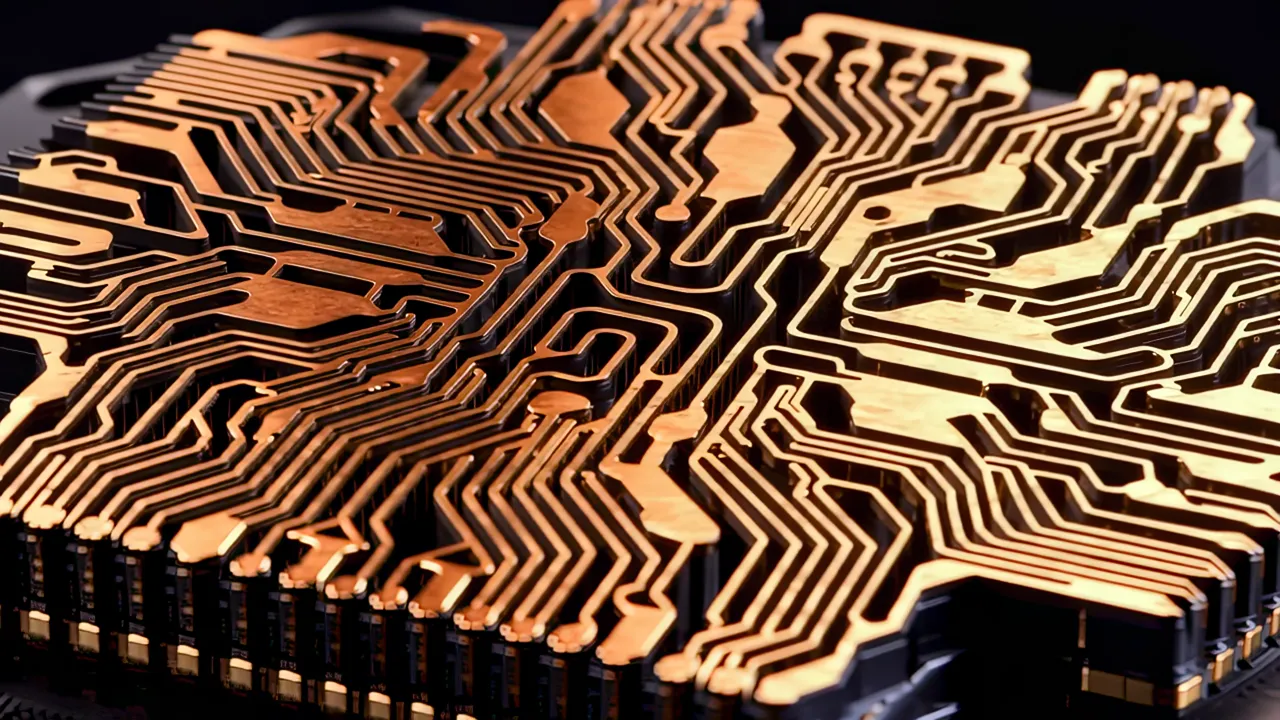 Close-up of Luminous Copper Interconnections on a Chip