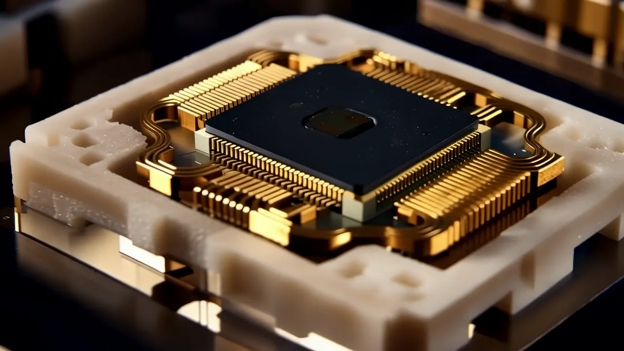 Close-Up of Microprocessor Chip with Metal Routing Layers