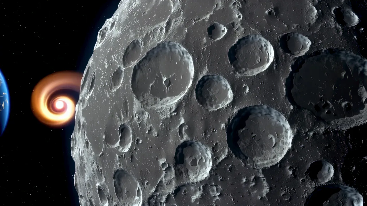 Close-Up of Moon's Cratered Surface Under Stellar View