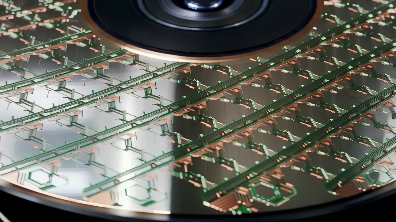 Close-Up of Photolithography Mask Patterns on Silicon Wafer