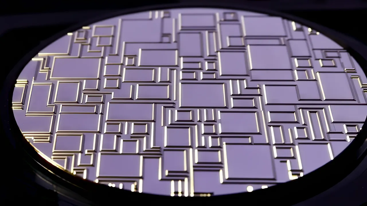 Close-Up of Photolithography Mask Patterns on Silicon Wafer
