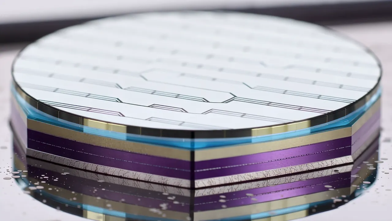 Close-up of Photolithography Mask Patterns on Silicon Wafer