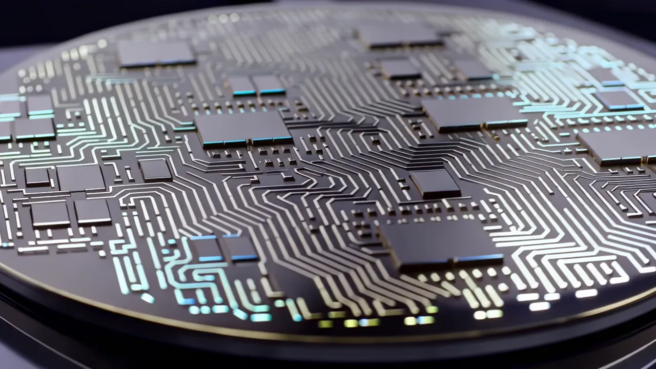 Close-up of Photolithography Mask Patterns on Silicon Wafer