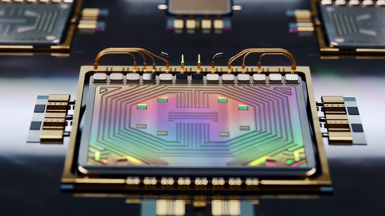 Close-Up of Silicon Wafer Surface with Iridescent Patterns